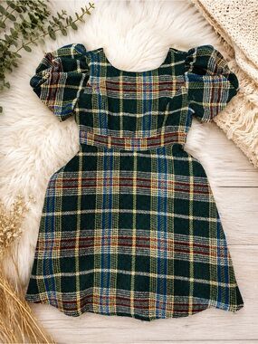 Ivy City Co Green Plaid Puff-Sleeve Dress with Multicolor Tartan
